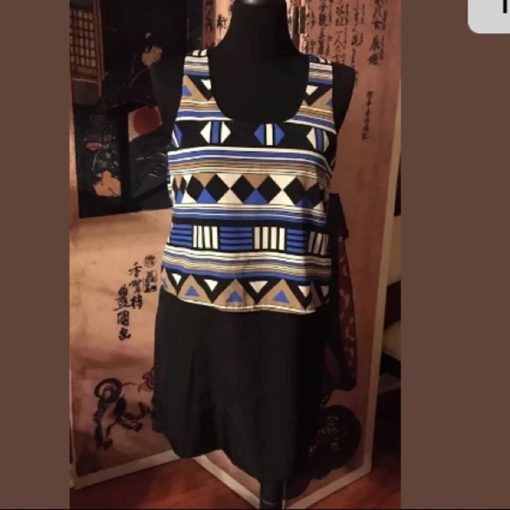 Everly Sz Med Mini Dress Geo Top and Black Skirt